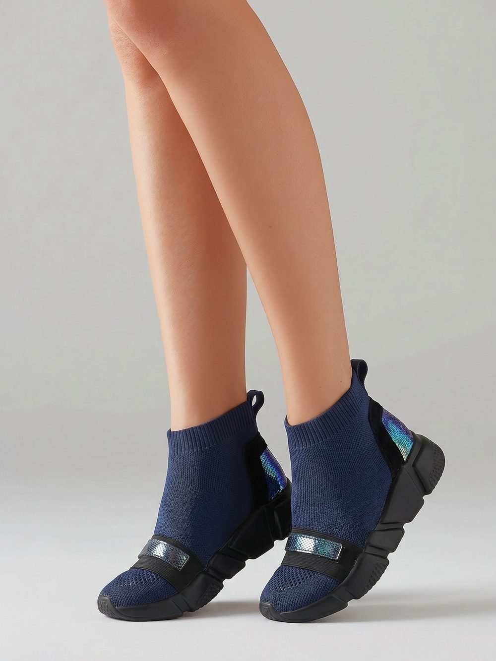 Bernie Mev blue Festival sneaker. Navy Knit Sock Sneakers with Iridescent Accent